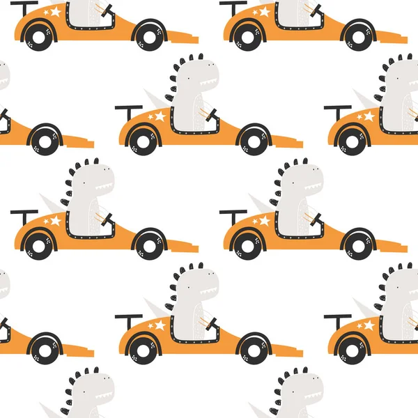 Vector handgezeichnete nahtlose kindliche Muster mit niedlichen lustigen Dinosaurierfahrten in einem Rennwagen auf weißem Hintergrund. Kindertextur für Stoff, Verpackung, Textilien, Tapeten, Bekleidung. Skandinavisches Design. — Stockvektor