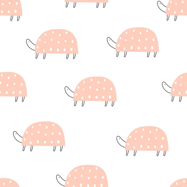 Vector color hand-drawn seamless repeating childish pattern with cute doodle turtles in Scandinavian style on a white background. Kids texture for fabric, wrapping, textile, wallpaper, apparel. — Stock Vector