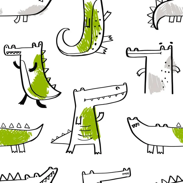 Vector hand-drawn seamless childish pattern with cute crocodile on a white background. Kids texture for fabric, wrapping, textile, wallpaper, apparel. Alligator. Illustration. Vector Graphics
