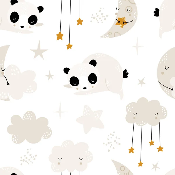 Modello disegnato a mano per bambini senza cuciture con simpatici panda addormentati, nuvole, lune e stelle. Tessuto creativo trendy per bambini per tessuto, avvolgimento, tessile, carta da parati, abbigliamento. Illustrazione vettoriale. — Vettoriale Stock