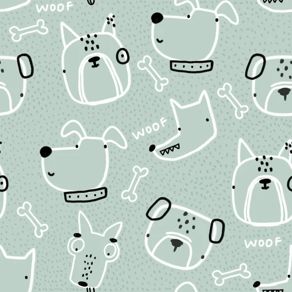 Cute childish seamless hand-drawn pattern with cute dogs, bones, dots on a mint background. Kids repeating texture is ideal for fabrics, cards, textiles, wallpaper, clothing. Puppy background.