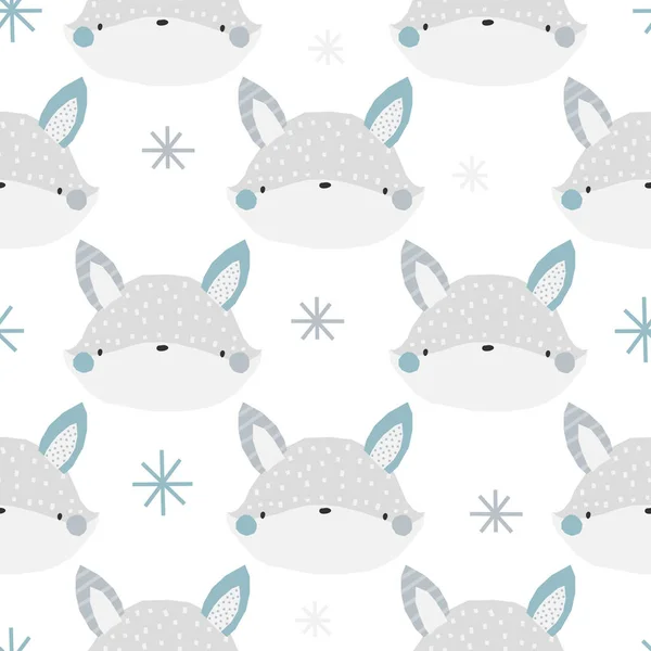 Διάνυσμα απρόσκοπτη χρωματιστά Χριστούγεννα Πρωτοχρονιά πρότυπο χειμώνα με χαριτωμένο αλεπού, νιφάδες χιονιού σε λευκό φόντο. Παιδική εορταστική εκτύπωση με αλεπού. Παιδική υφή για ύφασμα, κάρτες, χαρτί περιτυλίγματος. — Διανυσματικό Αρχείο
