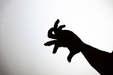 Beyaz ekrana yansıtılan gölgeyi oynat. Bir insanın elleri tavşanı şekillendirir