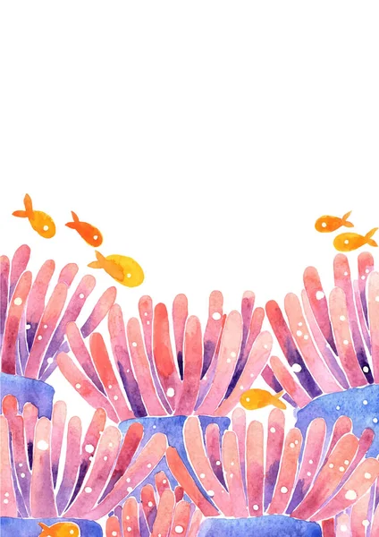 Seeanemone Mit Fischen Meeresrahmen Aquarell Handmalerei Zur Dekoration Auf Sommerthema — Stockfoto