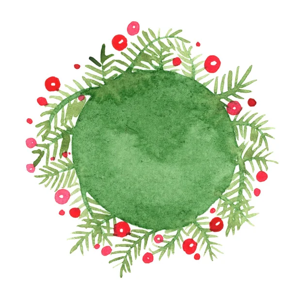 Pine Leaf Red Berry Wreath Banner Watercolor Hand Painting Decoration — ストック写真