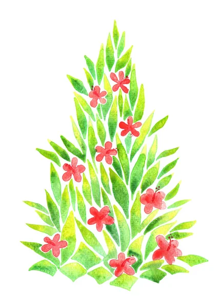 Tropical Christmas Tree Hisbicus Flower Watercolor Hand Painting Decoration Summer — Stock Photo, Image