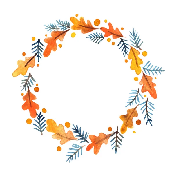 Oak Leaf Pine Leaf Wreath Watercolor Decoration Thanksgiving Christmas Events — Stock Photo, Image