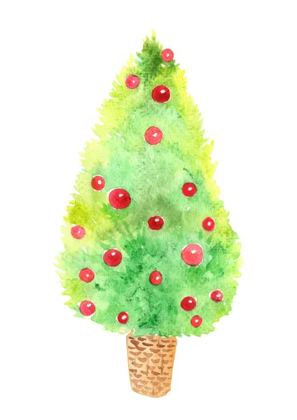 Kerstboom Met Rode Ballen Hout Backet Aquarel Voor Decoratie Kerstvakantie — Stockfoto