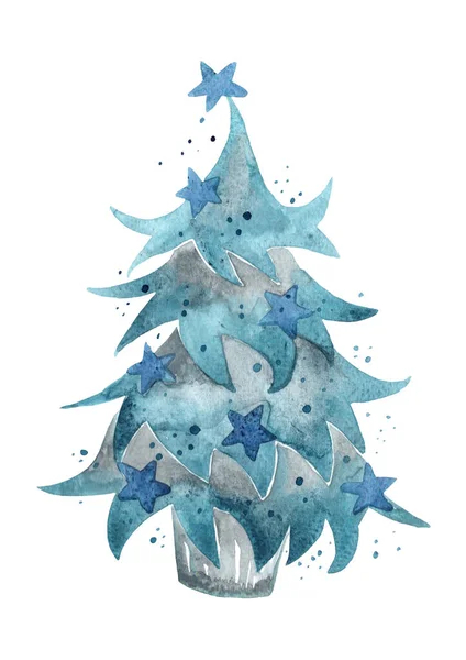 Vánoční Stromek Modrou Hvězdou Kbelíku Akvarel Pro Dekoraci Vánoční Svátky — Stock fotografie