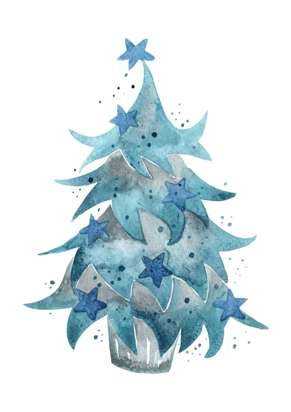 Christmas Tree Blue Star Bucket Watercolor Decoration Christmas Holiday Events — Stock Photo, Image