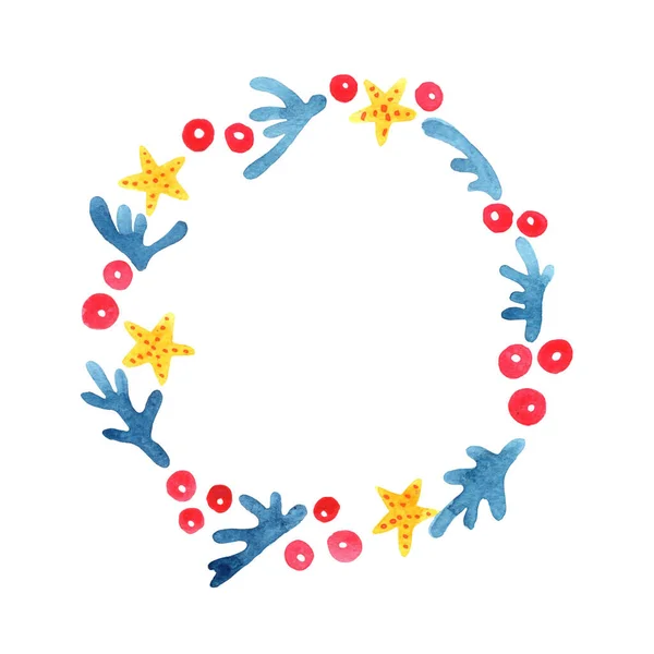 Coral, starfish and red ball wreath watercolor for decoration on Summer Christmas holiday events.