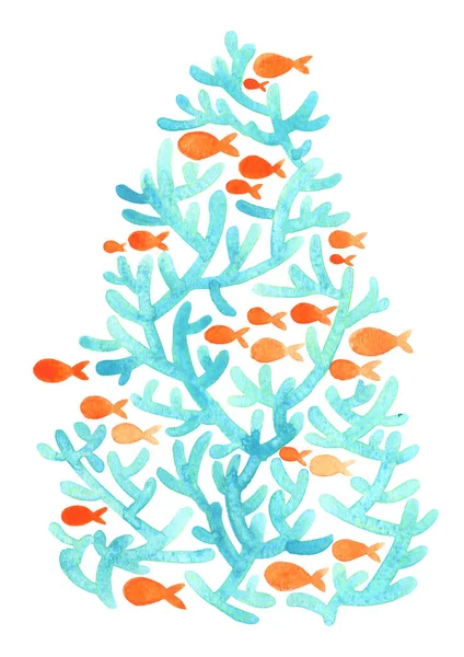 サンゴ礁と魚の学校クリスマスツリーの水彩画クリスマス休暇イベントの装飾のための手の絵画 — ストック写真