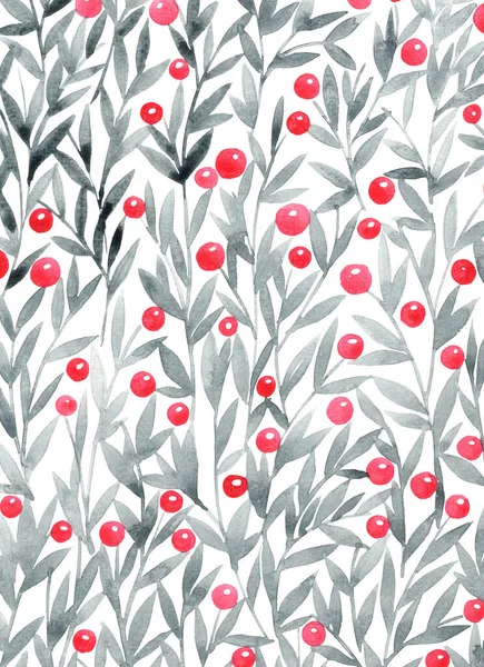 Silver Leaf Red Berry Watercolor Hand Painting Background Decoration Christmas — Stock Photo, Image