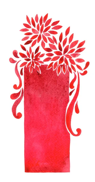 Röd Krysantemum Blomma Rektangel Ram Akvarell Handmålning För Dekoration Kinesiska — Stockfoto