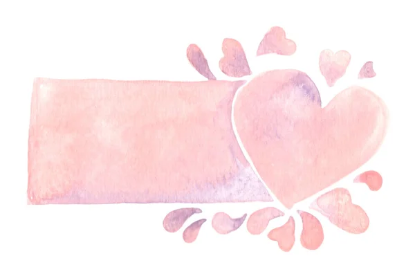 Rózsaszín Szív Téglalap Keret Akvarell Kézzel Festés Dekoráció Valentin Napon — Stock Fotó