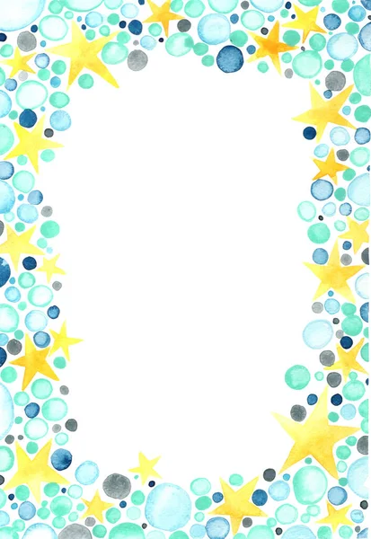 Blue Bubble Yellow Star Watercolor Frame Background Decoration Winter Summer — Stock Photo, Image