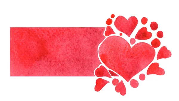 Piros Szív Téglalap Másolja Tér Akvarell Kézzel Festés Dekoráció Valentin — Stock Fotó