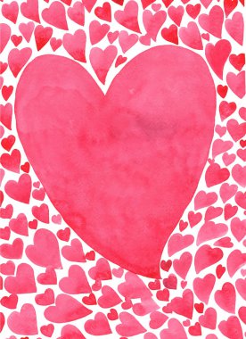 Kırmızı kalp arka plan suluboya el boyası. Sevgililer Günü ve düğün etkinlikleri için dekorasyon..