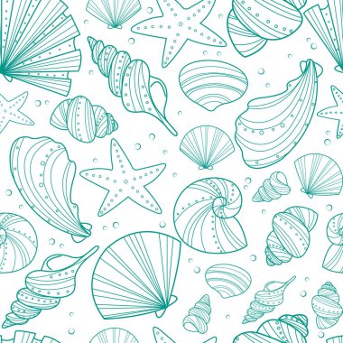 Yaz tatili ve deniz hayatı kavramında dekorasyon için deniz kabuğu karalama desensiz desen vektörü.