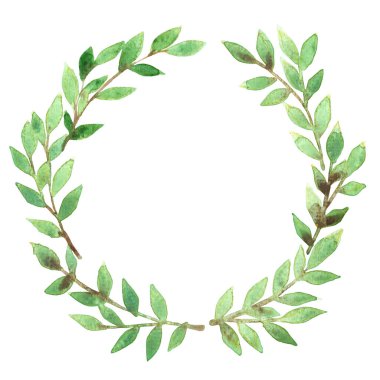 Doğal ve yeşillik temalı dekorasyon için yeşil yapraklı çelenk çerçeveli suluboya el resmi.