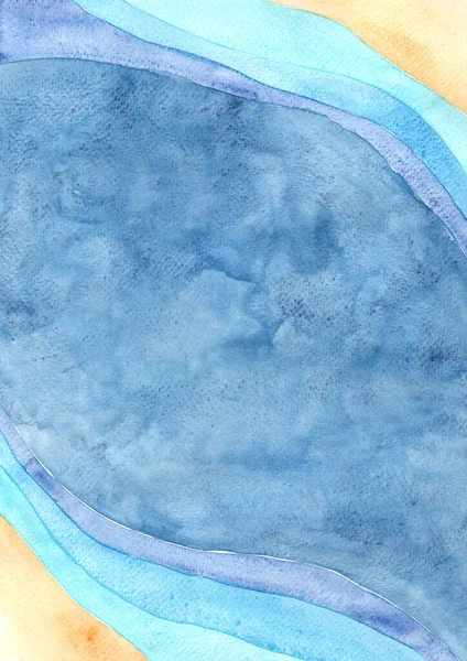 Brown sand and ocean blue layer watercolor hand painting frame background for decoration on summer holiday and ocean concept.