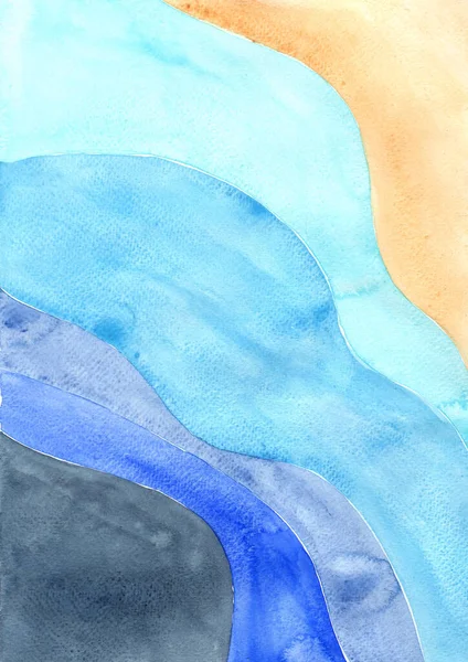 Areia Marrom Oceano Azul Camada Aquarela Mão Pintura Quadro Fundo — Fotografia de Stock