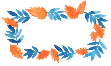 Turuncu renk sonbahar yaprağı ve eğreltiotu çerçevesi sonbahar mevsiminde dekorasyon için suluboya el resmi, doğal tema ve Şükran Günü festivali