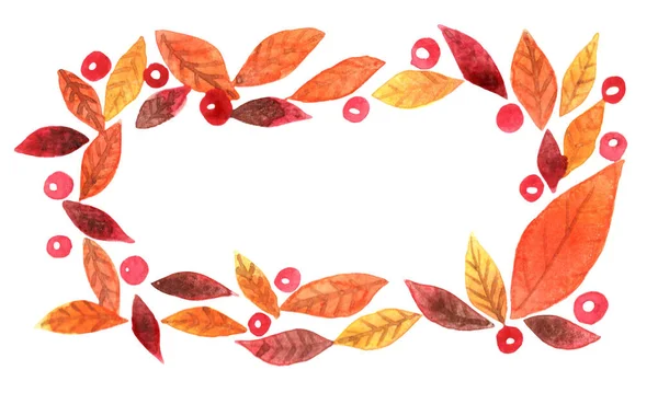 秋の季節と感謝祭の装飾のための赤いベリーの長方形のフレーム水彩手の絵とカラフルな秋の葉 — ストック写真