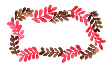 Sonbahar mevsiminde süsleme için kırmızı ve kahverengi eğreltiotu çelengi çerçevesi, Şükran Günü ve Noel bayramı festivali.