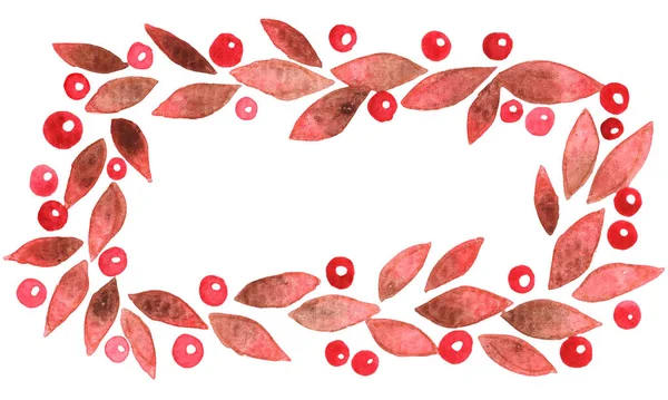 Folhas Vermelhas Grinalda Quadro Baga Aquarela Para Decoração Temporada Outono — Fotografia de Stock