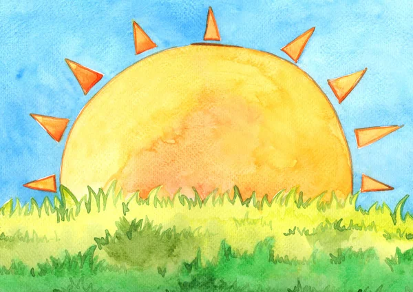 The sun with green meadow watercolor hand painting background for decoration on summer and natural concept.