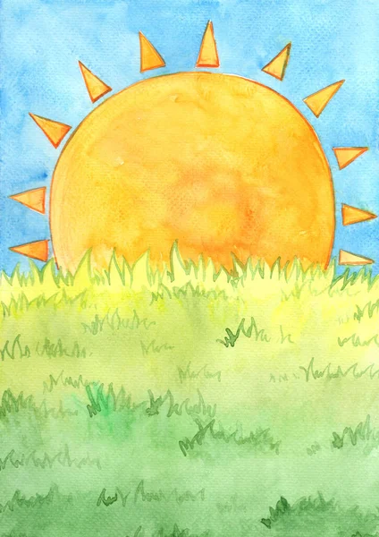 The sun with green meadow watercolor hand painting background for decoration on summer and natural concept.