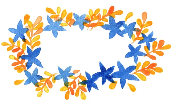 Yellow Leaves Blue Flower Wreath Watercolor Decoration Autumn Season Natural —  Fotos de Stock