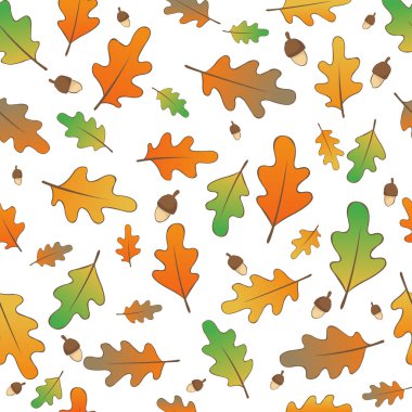 Doğal, sonbahar ve Şükran Günü festivali dekorasyonu için meşe yaprakları ve tohumsuz desen taşıyıcısı..