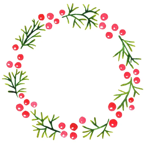 Pine Leaves Red Berry Wreath Watercolor Decoration Christmas Holiday Festival — Fotografia de Stock