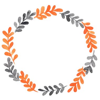 Sonbahar ve Cadılar Bayramı festivallerinde süsleme için siyah ve turuncu eğreltiotu çelengi suluboya.