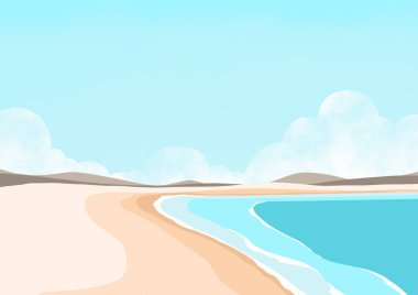 Yaz tatilinde dekorasyon için dağ ve gökyüzü resimli plaj manzarası.