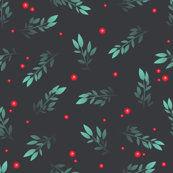 Green Mint Leaves Red Berries Seamless Pattern Vector Decoration Christmas — Stock Vector