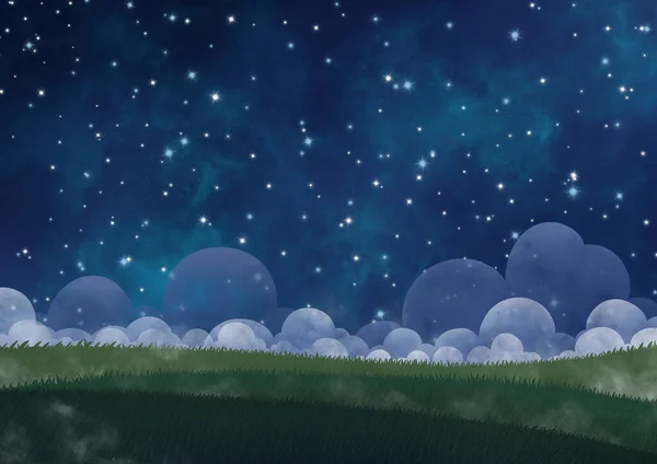 Night Sky Star Cloud Fog Hill Meadow Landspace Illustration Background — Stock Photo, Image