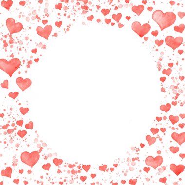 Kırmızı kalpler, düğün ve sevgililer gününde süsleme yapmak için suluboya resim çerçevesini fotokopi aletiyle daire içine alır..