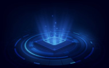 Soyut teknoloji çip işlemci arka plan devre kartı ve html kodu, 3D illüstrasyon mavi teknoloji arkaplan vektörü.