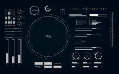 HUD ve infografik elementlerle gelecekteki kullanıcı arayüzü. Döngülü hareketli sanal teknoloji arkaplanı. 