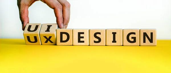 Design Design Hand Turns Cubes Changes Words Design Design Beautiful — Stock Photo, Image