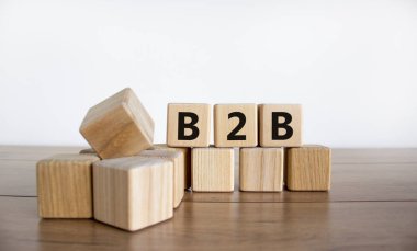 B2B symbol. Concept word 'B2B - business to business' on cubes on a beautiful wooden table, white background. House plant. B2B - business to business concept. Copy space.