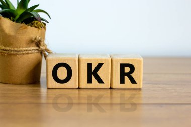 OKR symbol. Concept words 'OKR - objectives and key results' on cubes on a beautiful wooden table, white background. House plant. Business and OKR - objectives and key results concept.