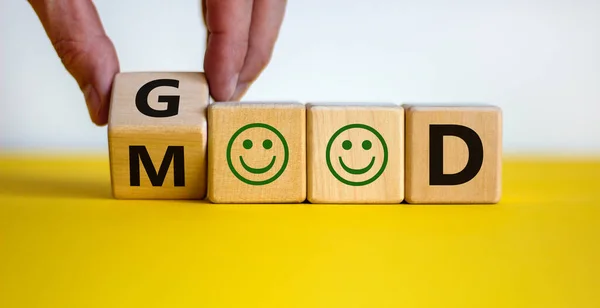 Good Mood Symbol Male Hand Flips Wooden Cube Changes Word — Foto de Stock