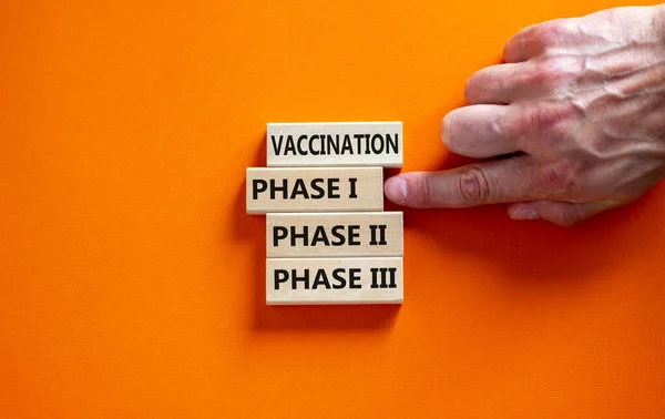 Time to vaccination phase 1. Wooden blocks form the words \'vaccination, phase, 1, 2, 3\' on beautiful orange background. Male hand. Medical and covid-19 vaccination phase 1 concept.