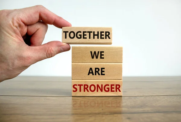 Together Stronger Symbol Wooden Blocks Words Together Stronger Male Hand — Stock Fotó