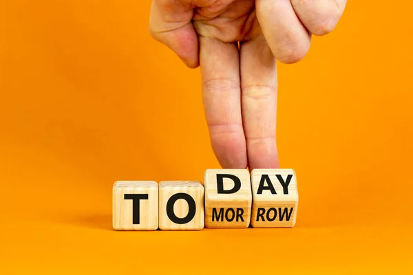 Today Tomorrow Male Hand Flips Wooden Cubes Changes Word Tomorrow —  Fotos de Stock
