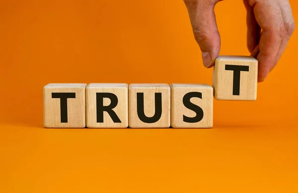 Trust Symbol Concept Word Trust Cubes Beautiful Orange Background Male — Stock Photo, Image